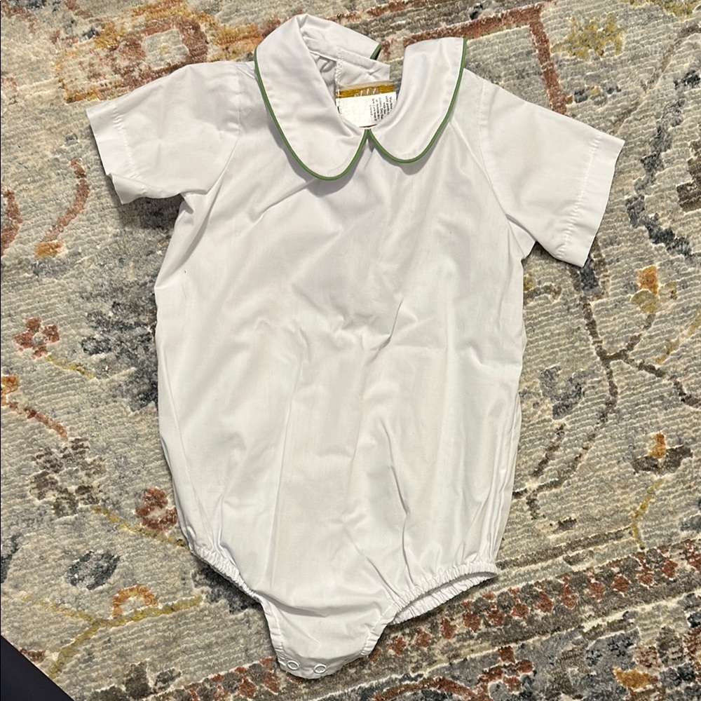 TBBC Peter Pan onesie with green piping (12-18 months)